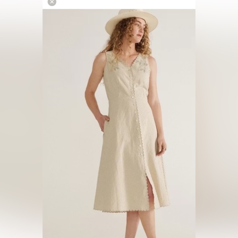 Tecovas Sleeveless Striped Embroidered Button-Front dress in green and cream